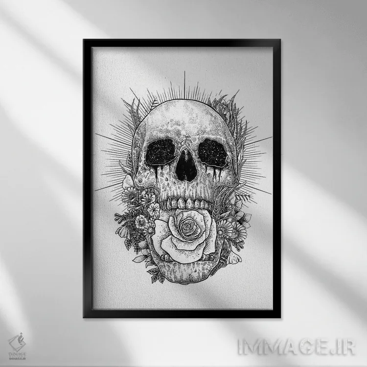 تابلو دکوراتیو جمجمه گل دار اثر جنید مورتیمر - نمای قابدار مشکی