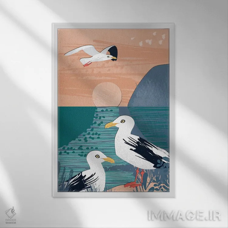 تابلو دکوراتیو کلاژ ساحلی سه اثر جنیفر اللوری - نمای قابدار سفید