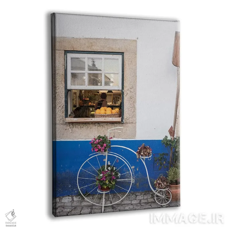 تابلو دکوراتیو Obidos, Portugal,گلدان دوچرخه ای بامزه مقابل یک نانوایی در شه… اثر جولی اگرز - نمای پرسپکتیو محصول
