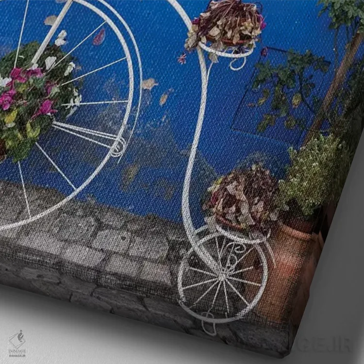 تابلو دکوراتیو Obidos, Portugal,گلدان دوچرخه ای بامزه مقابل یک نانوایی در شه… اثر جولی اگرز - نمای نزدیک بافت بوم