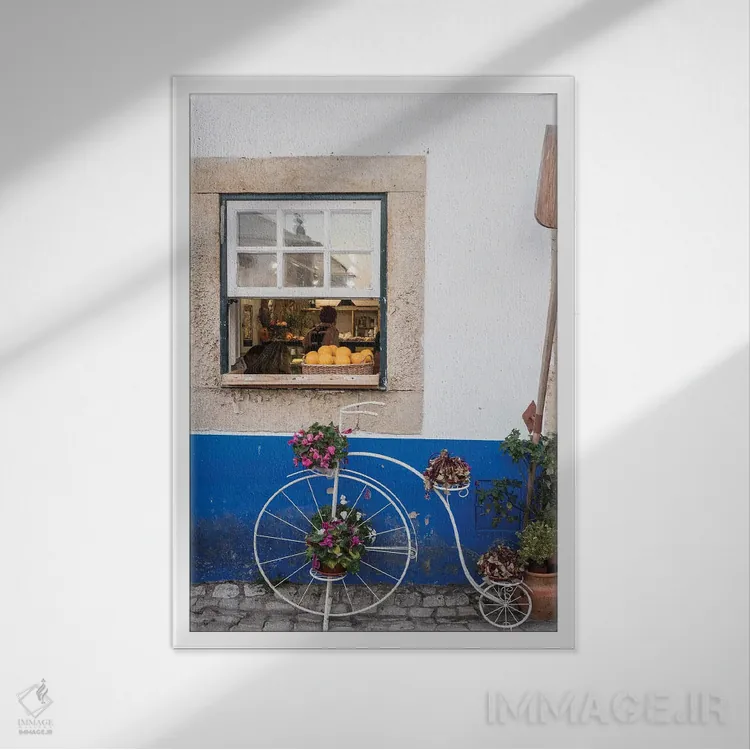 تابلو دکوراتیو Obidos, Portugal,گلدان دوچرخه ای بامزه مقابل یک نانوایی در شه… اثر جولی اگرز - نمای قابدار سفید