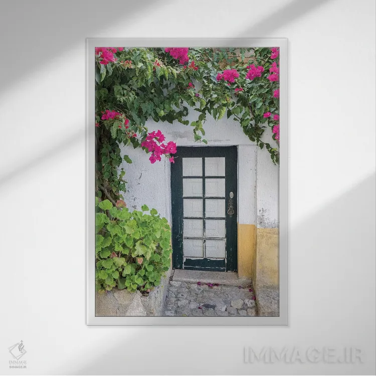 تابلو دکوراتیو Obidos, Portugal,ورودی احاطه شده با شاخه های گل کاغذی، اوبیدو… اثر جولی اگرز - نمای قابدار سفید