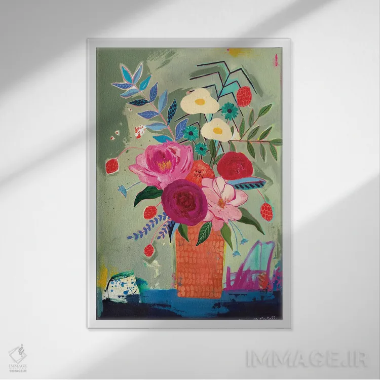 تابلو دکوراتیو گلدان نارنجی اثر جنیفر مک کالی - نمای قابدار سفید