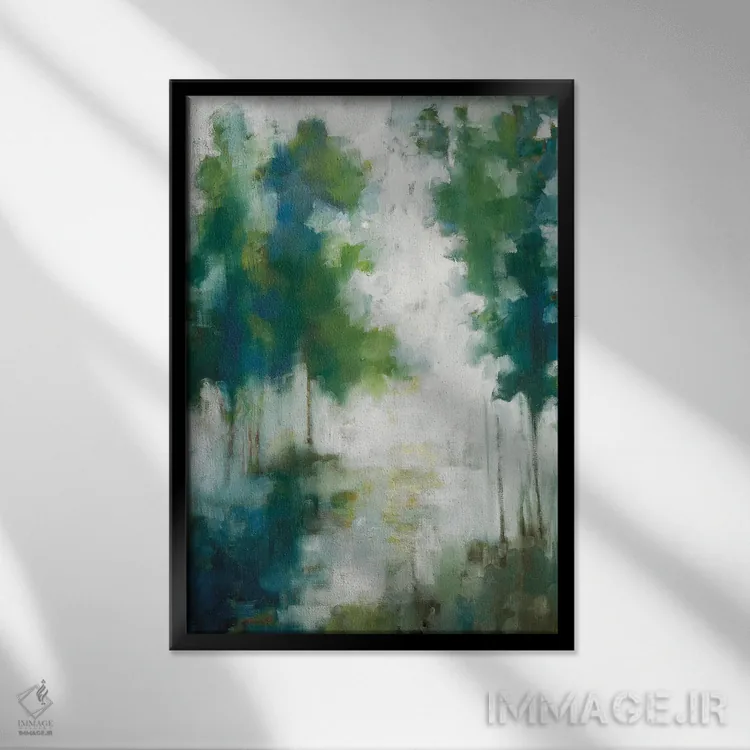 تابلو مدرن درختان خانه دریاچه ای اثر ژاکلین النز - نمای قابدار مشکی