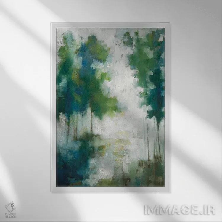 تابلو مدرن درختان خانه دریاچه ای اثر ژاکلین النز - نمای قابدار سفید