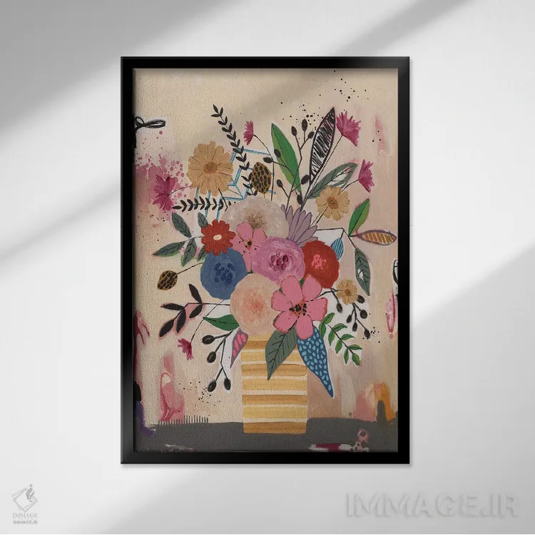 تابلو دکوراتیو گلدان راه راه زرد اثر جنیفر مک کالی - نمای قابدار مشکی