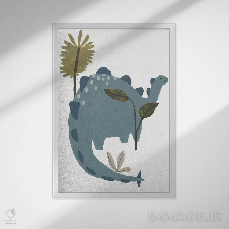 تابلو دکوراتیو دایناسور قدرتمند یک اثر جون اریکا وس - نمای قابدار سفید