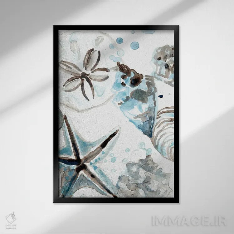 تابلو دکوراتیو صدف های آبی آسمانی ۴ اثر جون اریکا وس - نمای قابدار مشکی
