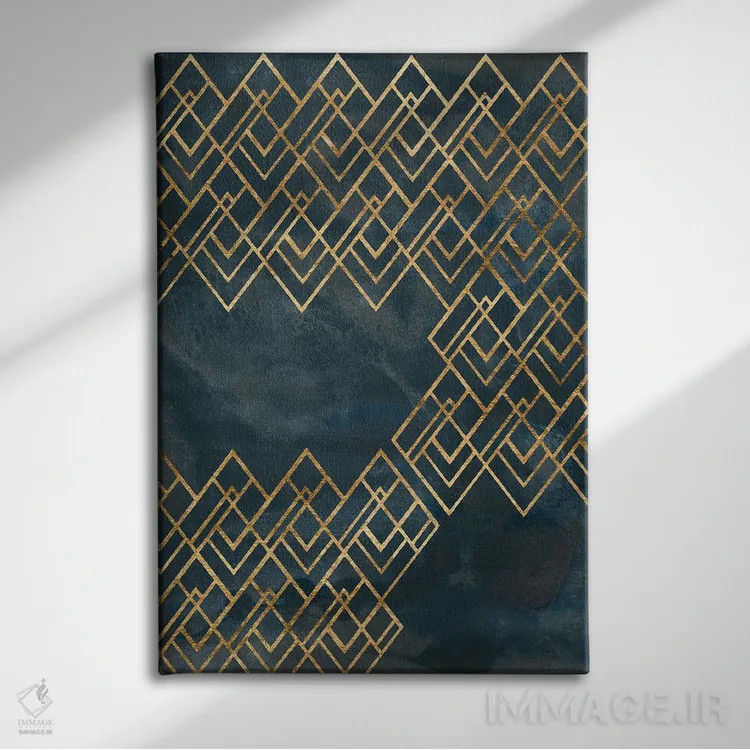 تابلو انتزاعی الگوی دکو آبی ۴ اثر جون اریکا وس - نمای روبهرو روی دیوار