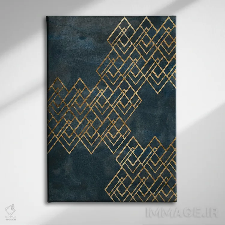 تابلو انتزاعی الگوی دکو آبی ۱ اثر جون اریکا وس - نمای روبهرو روی دیوار