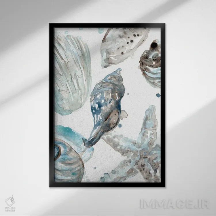 تابلو دکوراتیو صدف های آبی آسمانی ۳ اثر جون اریکا وس - نمای قابدار مشکی
