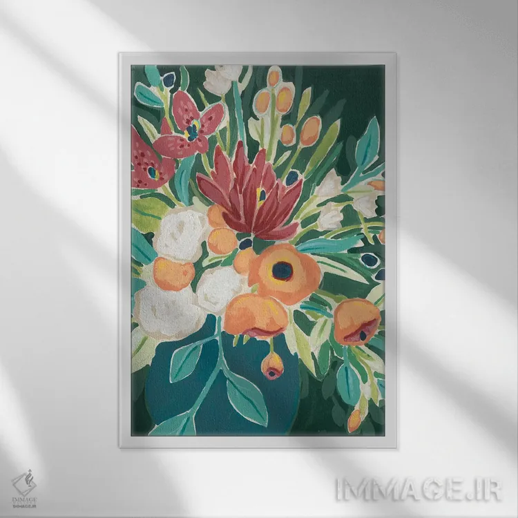 تابلو دکوراتیو دسته گل سرخوش یک اثر جون اریکا وس - نمای قابدار سفید