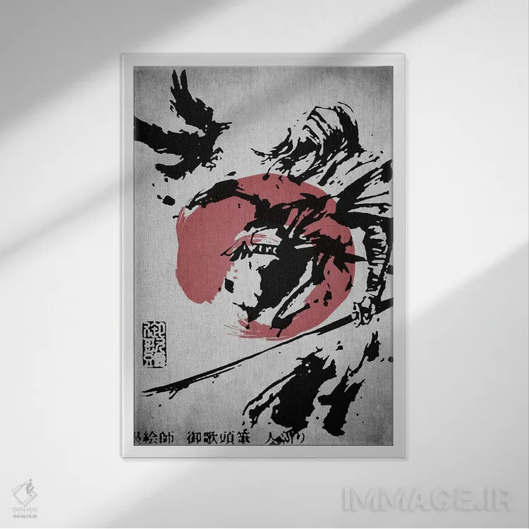 تابلو دکوراتیو کلاغ سامورایی اثر جوزف فرناندو - نمای قابدار سفید