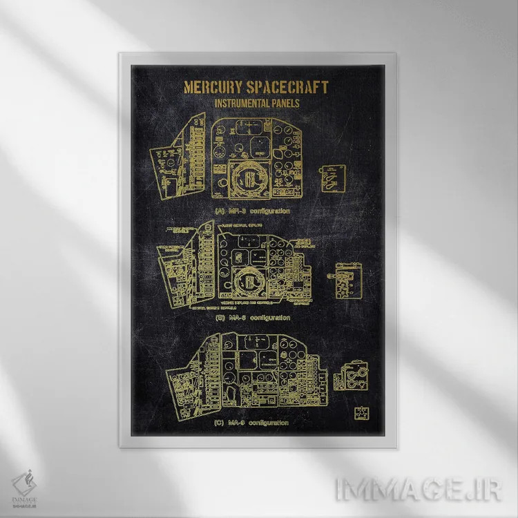 تابلو دکوراتیو پیکربندی فضاپیمای مرکوری اثر جوزف فرناندو - نمای قابدار سفید