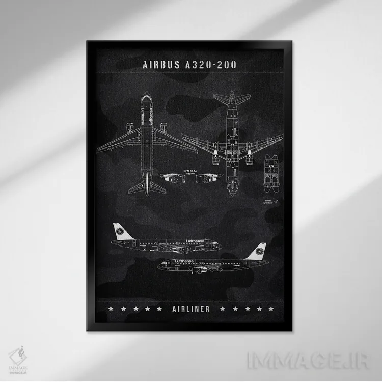 تابلو دکوراتیو ایرباس A320-200 اثر جوزف فرناندو - نمای قابدار مشکی