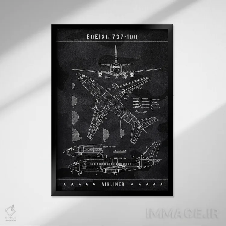 تابلو دکوراتیو بوئینگ ۷۳۷-۱۰۰ اثر جوزف فرناندو - نمای قابدار مشکی