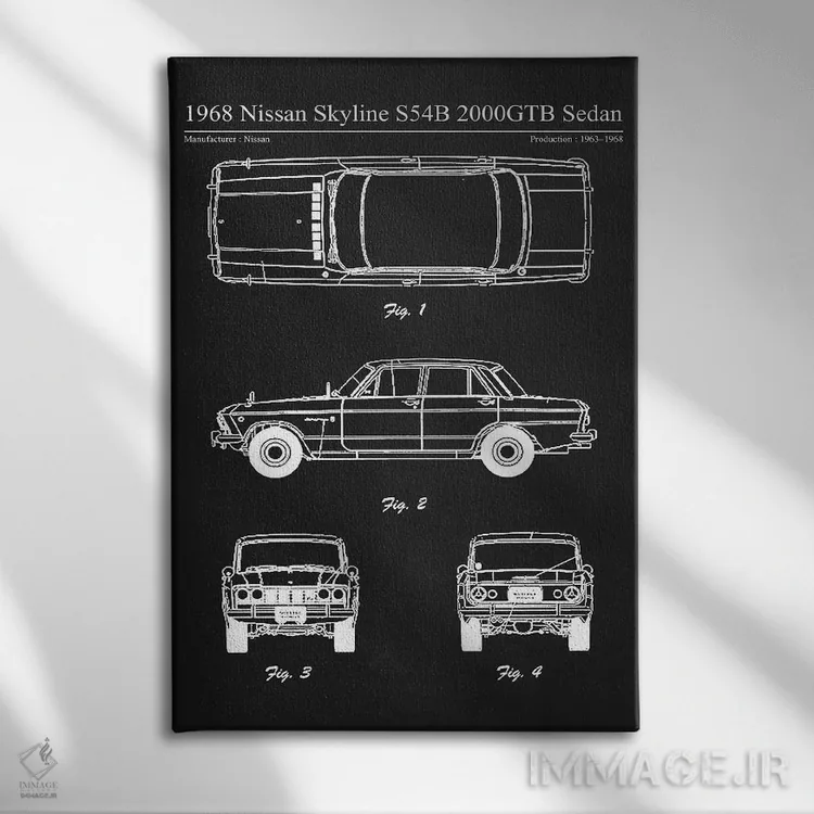 تابلو دکوراتیو نیسان اسکای لاین S54B 2000GTB سدان مدل ۱۹۶۸ اثر جوزف فرناندو - نمای روبهرو روی دیوار