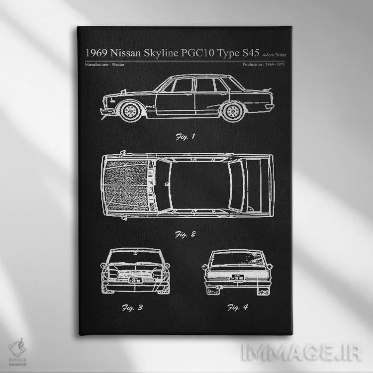 تابلو دکوراتیو نیسان اسکای لاین PGC10 تایپ S45 چهار در مدل ۱۹۶۹ اثر جوزف فرناندو - نمای روبهرو روی دیوار