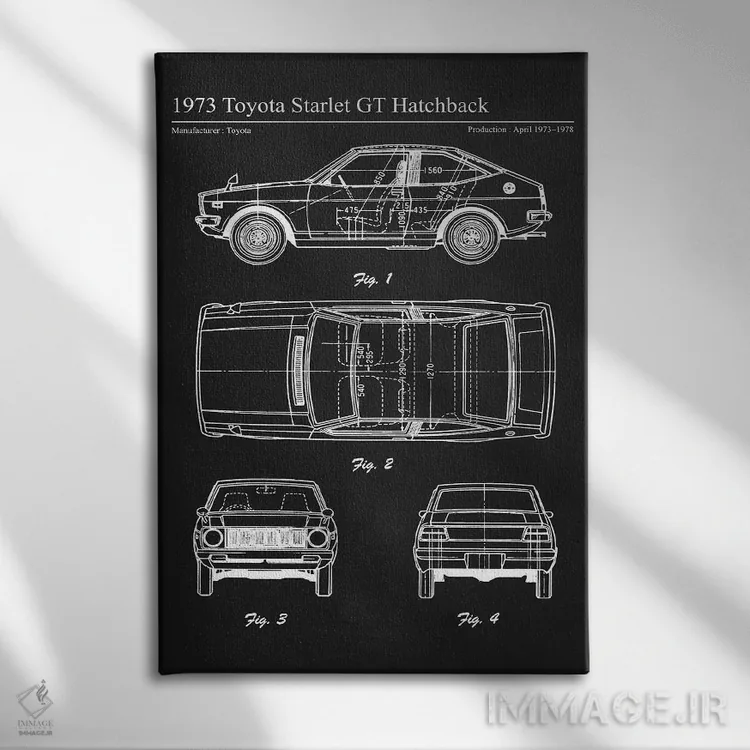 تابلو دکوراتیو تویوتا سارلت XT هاچ بک مدل ۱۹۷۳ اثر جوزف فرناندو - نمای روبهرو روی دیوار