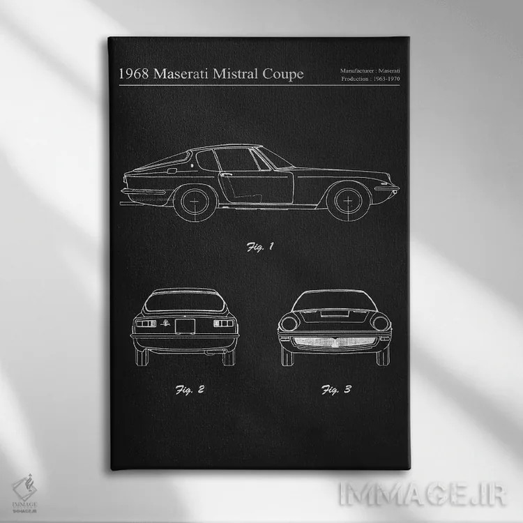 تابلو دکوراتیو مازراتی میسترال کوپه مدل ۱۹۶۸ اثر جوزف فرناندو - نمای روبهرو روی دیوار