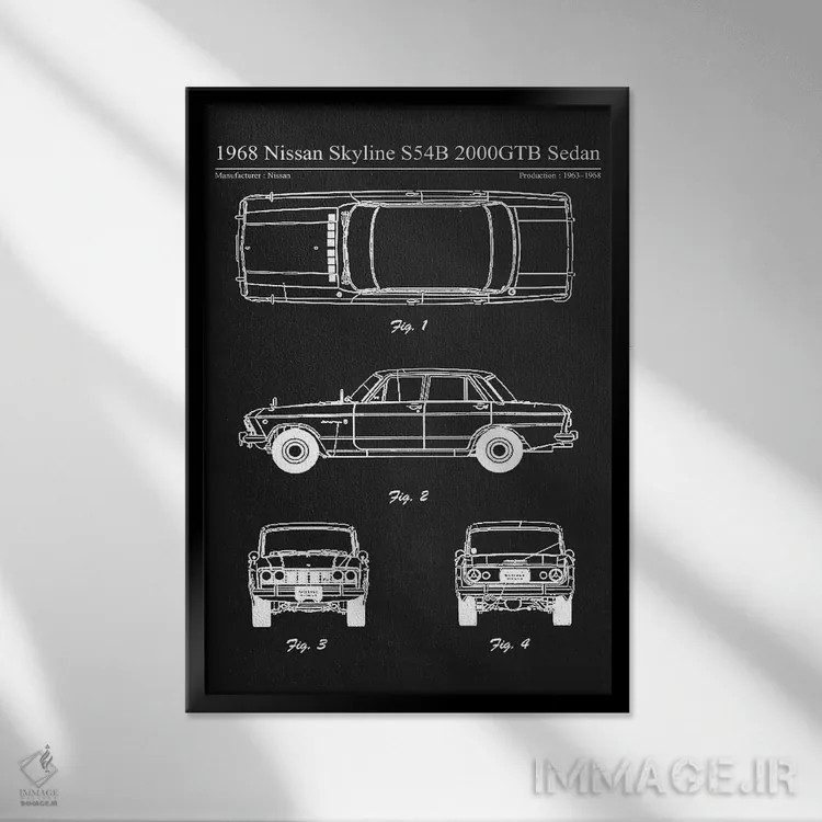 تابلو دکوراتیو نیسان اسکای لاین S54B 2000GTB سدان مدل ۱۹۶۸ اثر جوزف فرناندو - نمای قابدار مشکی