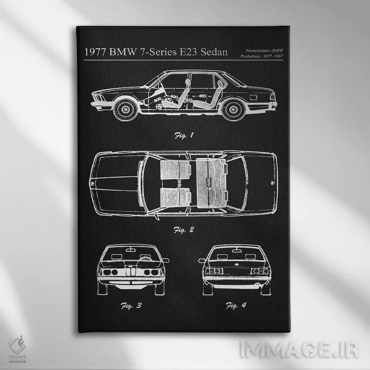 تابلو دکوراتیو بی ام و سری ۷ E23 سدان مدل ۱۹۷۷ اثر جوزف فرناندو - نمای روبهرو روی دیوار