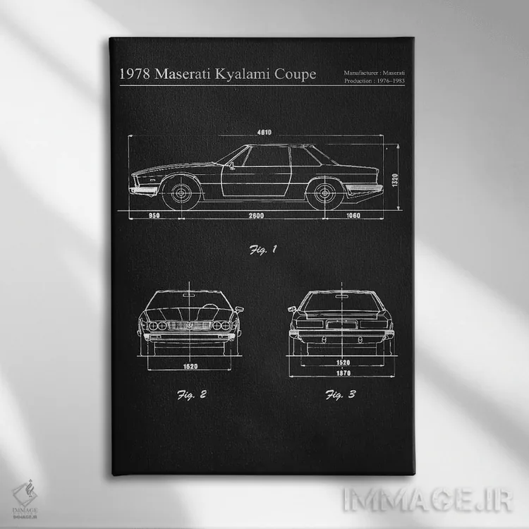 تابلو دکوراتیو مازراتی کیالامی کوپه مدل ۱۹۷۸ اثر جوزف فرناندو - نمای روبهرو روی دیوار