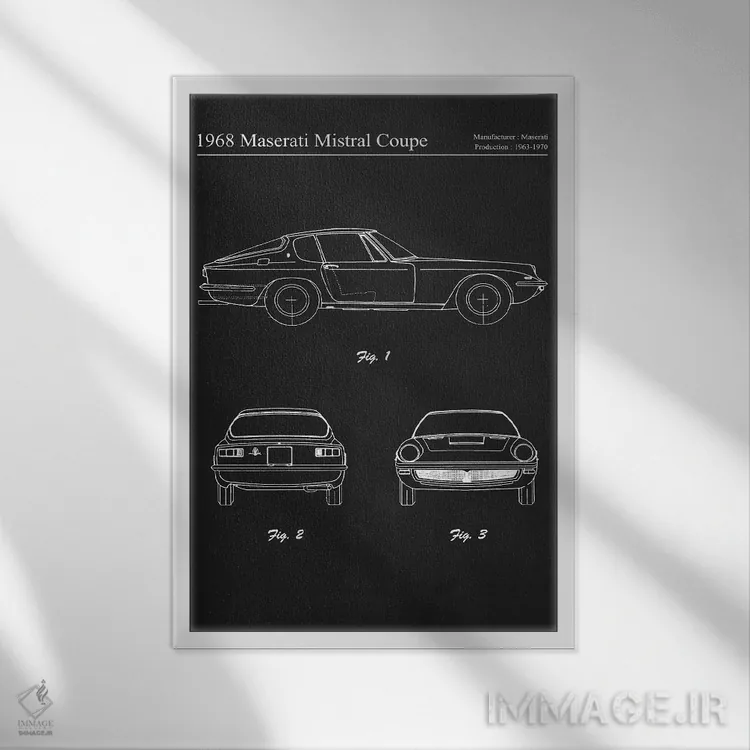 تابلو دکوراتیو مازراتی میسترال کوپه مدل ۱۹۶۸ اثر جوزف فرناندو - نمای قابدار سفید