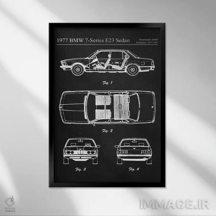 تابلو دکوراتیو بی ام و سری ۷ E23 سدان مدل ۱۹۷۷ اثر جوزف فرناندو - نمای قابدار مشکی