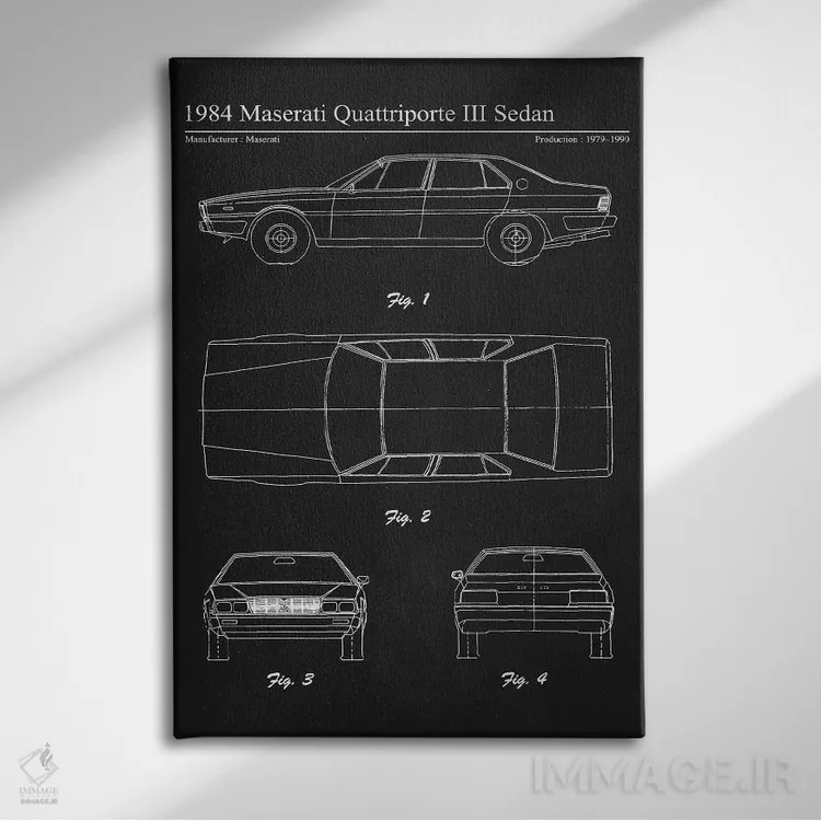 تابلو دکوراتیو مازراتی کواتروپورته ۳ سدان مدل ۱۹۸۴ اثر جوزف فرناندو - نمای روبهرو روی دیوار