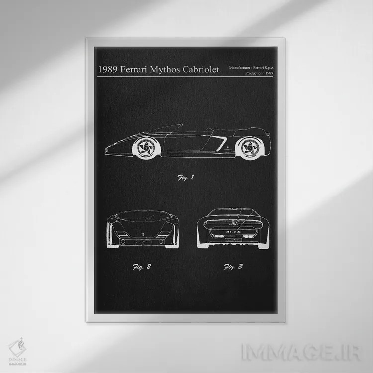 تابلو دکوراتیو فراری میتوس کابریولت مدل ۱۹۸۹ اثر جوزف فرناندو - نمای قابدار سفید