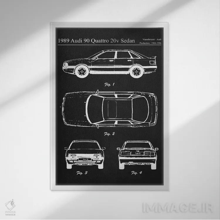 تابلو دکوراتیو آئودی ۹۰ کواترو ۲۰ ولت سدان مدل ۱۹۸۹ اثر جوزف فرناندو - نمای قابدار سفید