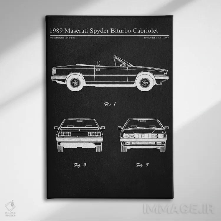 تابلو دکوراتیو مازراتی اسپایدر بیتوربو کابریولت مدل ۱۹۸۹ اثر جوزف فرناندو - نمای روبهرو روی دیوار