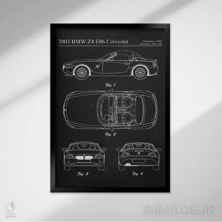 تابلو دکوراتیو بی ام و Z4 E86 کابریولت مدل ۲۰۰۳ اثر جوزف فرناندو - نمای قابدار مشکی