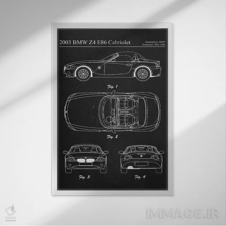تابلو دکوراتیو بی ام و Z4 E86 کابریولت مدل ۲۰۰۳ اثر جوزف فرناندو - نمای قابدار سفید
