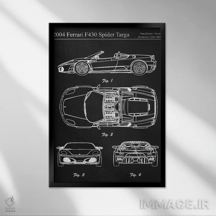 تابلو دکوراتیو فراری F430 اسپایدر تارگا مدل ۲۰۰۴ اثر جوزف فرناندو - نمای قابدار مشکی