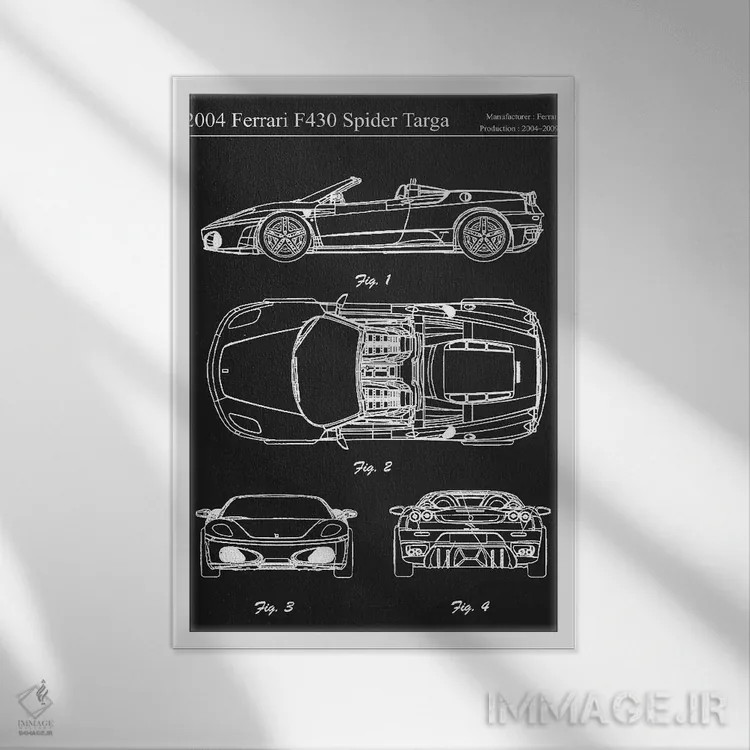 تابلو دکوراتیو فراری F430 اسپایدر تارگا مدل ۲۰۰۴ اثر جوزف فرناندو - نمای قابدار سفید