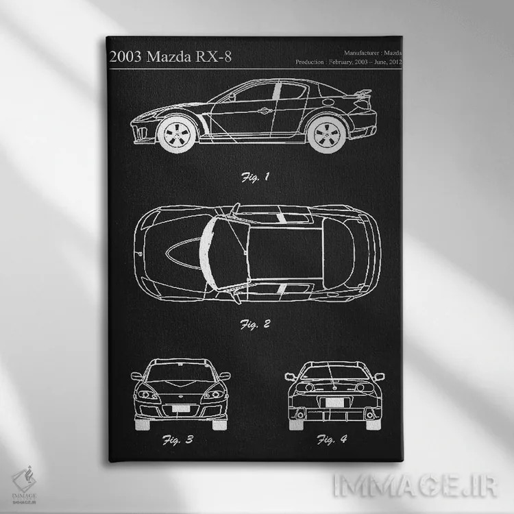 تابلو دکوراتیو مزدا آر اکس-۸ مزدااسپید مدل ۲۰۰۳ اثر جوزف فرناندو - نمای روبهرو روی دیوار