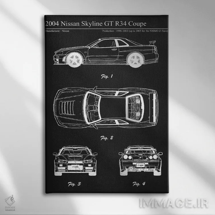 تابلو دکوراتیو نیسان اسکای لاین GT R34 کوپه مدل ۲۰۰۴ اثر جوزف فرناندو - نمای روبهرو روی دیوار