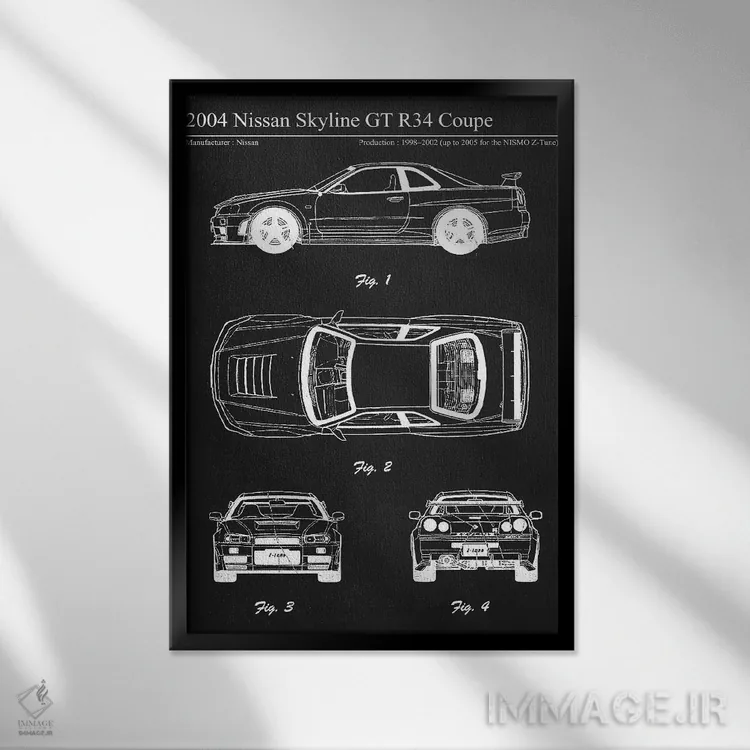 تابلو دکوراتیو نیسان اسکای لاین GT R34 کوپه مدل ۲۰۰۴ اثر جوزف فرناندو - نمای قابدار مشکی