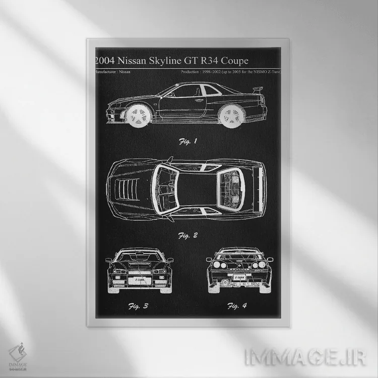 تابلو دکوراتیو نیسان اسکای لاین GT R34 کوپه مدل ۲۰۰۴ اثر جوزف فرناندو - نمای قابدار سفید