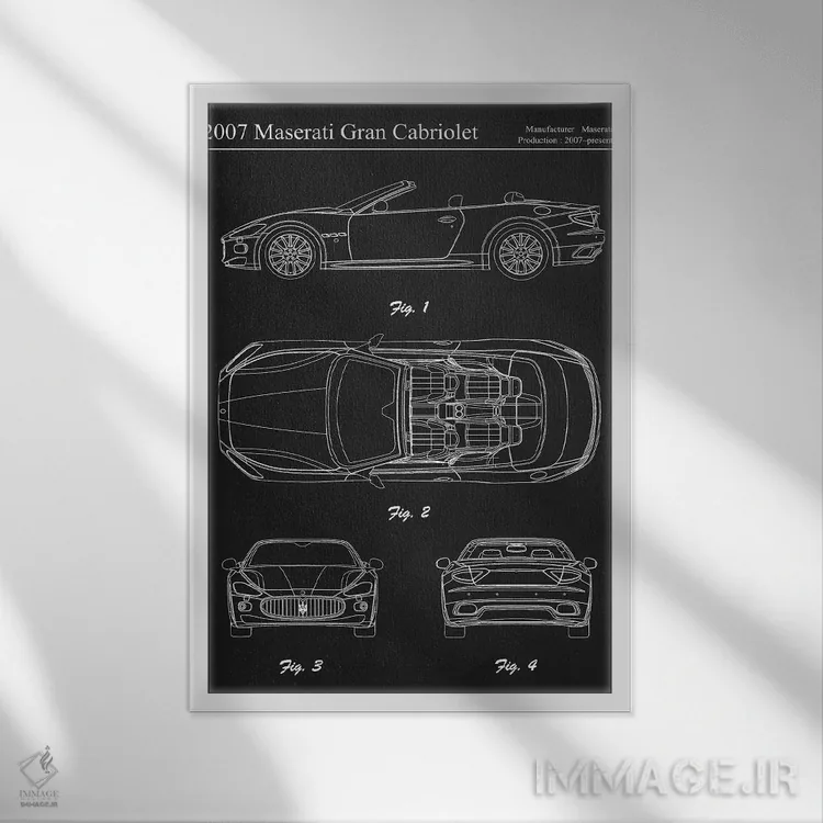 تابلو دکوراتیو مازراتی گرن کابریولت مدل ۲۰۰۷ اثر جوزف فرناندو - نمای قابدار سفید