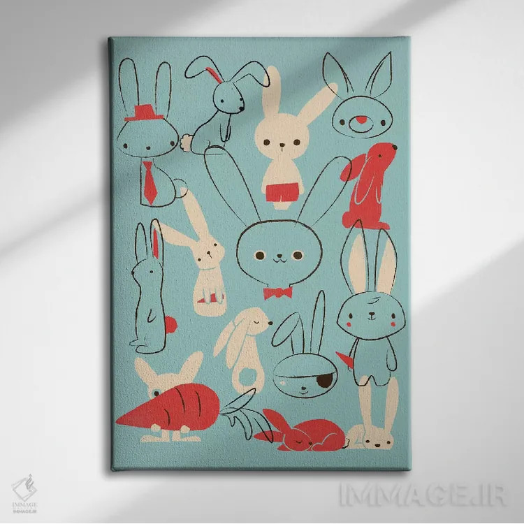 تابلو دکوراتیو خرگوش های آبی اثر جی فلک - نمای روبهرو روی دیوار
