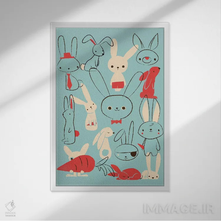 تابلو دکوراتیو خرگوش های آبی اثر جی فلک - نمای قابدار سفید