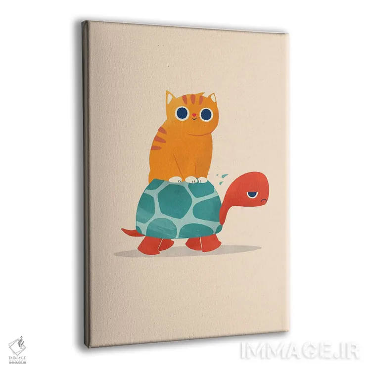 تابلو دکوراتیو گربه چاق سوار لاک پشت اثر جی فلک - نمای پرسپکتیو محصول