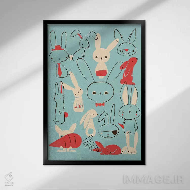 تابلو دکوراتیو خرگوش های آبی اثر جی فلک - نمای قابدار مشکی