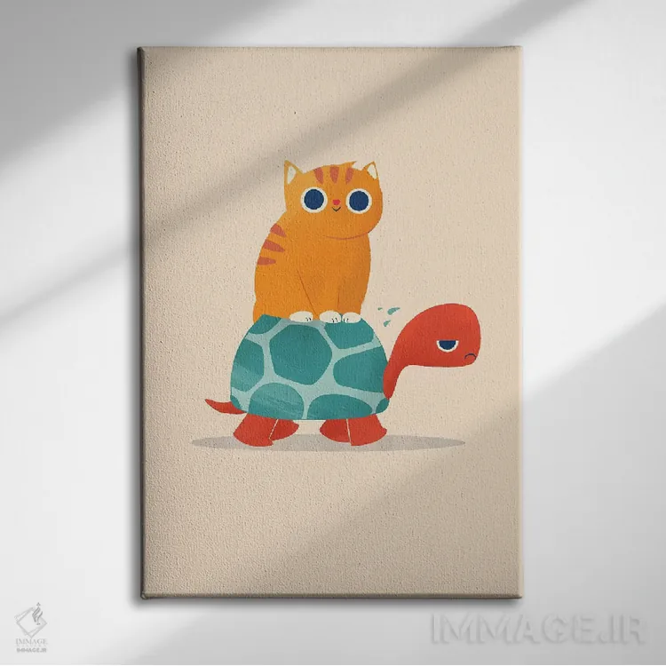 تابلو دکوراتیو گربه چاق سوار لاک پشت اثر جی فلک - نمای روبهرو روی دیوار