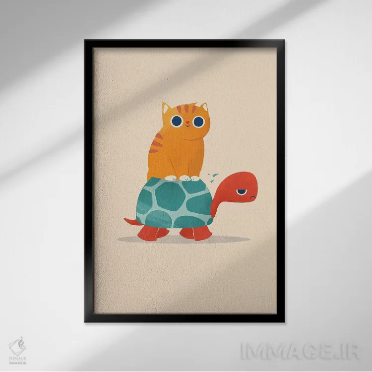 تابلو دکوراتیو گربه چاق سوار لاک پشت اثر جی فلک - نمای قابدار مشکی