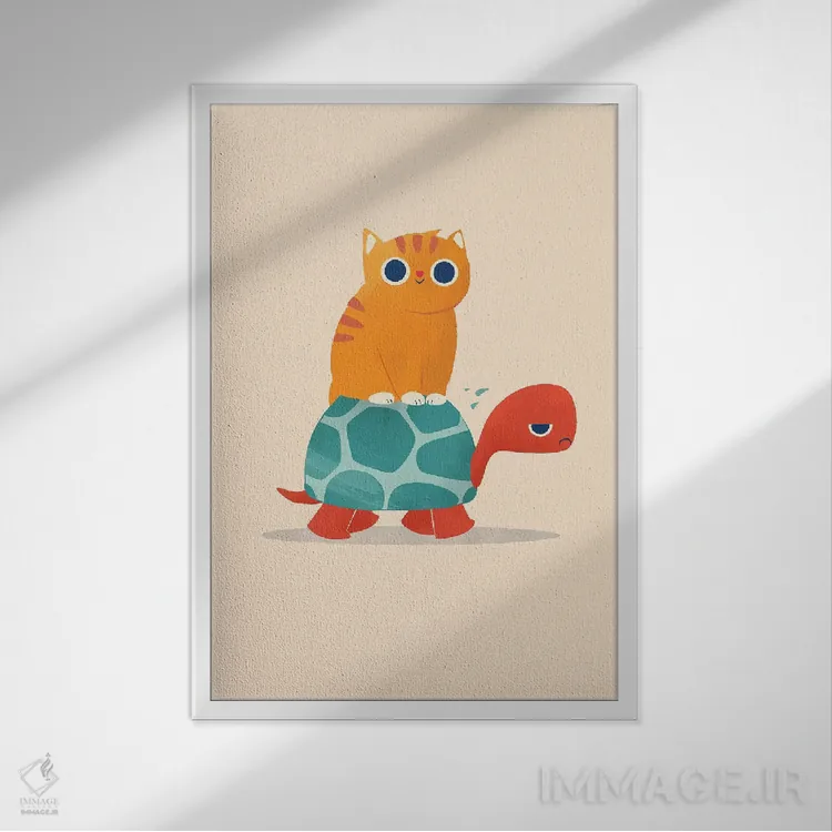 تابلو دکوراتیو گربه چاق سوار لاک پشت اثر جی فلک - نمای قابدار سفید