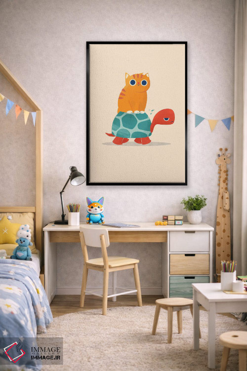 تابلو دکوراتیو گربه چاق سوار لاک پشت اثر جی فلک - D2B